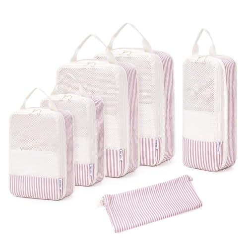 Narwey 6 Set Compression Packing Cubes for Travel Women Men, Travel Cubes for Carry On Suitcase, Durable Compression Luggage Organizer Bags - color: ZY-Dusty Pink Stripe