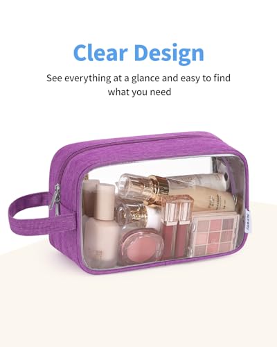 Narwey Clear Travel Toiletry Bags for Traveling Toiletries Men Women, Clear Makeup Bag Cosmetic Bag with Zipper, Make Up Pouch Organizer Bag with Handle, Skincare Beach Snack Medicine Bag, Purple - color: Clear-Purple