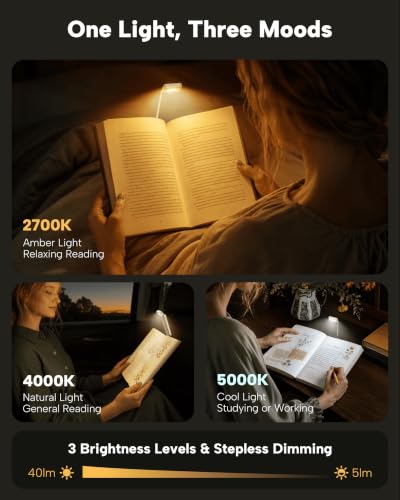 86lux Book Light, Rechargeable Clip-On LED Reading Light for Bed & Night Use - 3 Color Temperatures with Stepless Dimming, Ultralight Bookmark Design for Kids, Book Lovers, Mint Green - color: Mint Green