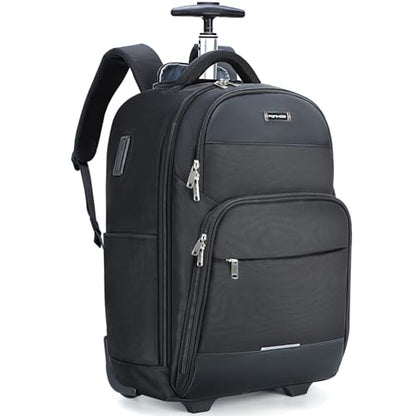 Ponhog Rolling Backpack, 30L Travel Laptop Backpack with Wheels, 15.6 Inch Roller Carry on Luggage with USB Charging Port, Flight Approved Personal Item Wheeled Suitcase for Men Women Adults, Black - color: Black