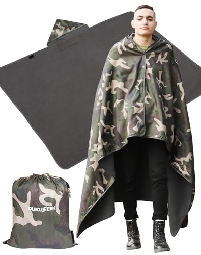 DUKUSEEK Hooded Stadium Blanket, Camouflage Waterproof Windproof Outdoor Fleece Blanket - Large (79x56), Portable, Wearable, Warm for Outdoor Hunting, Sporting Events… - color: Camouflage