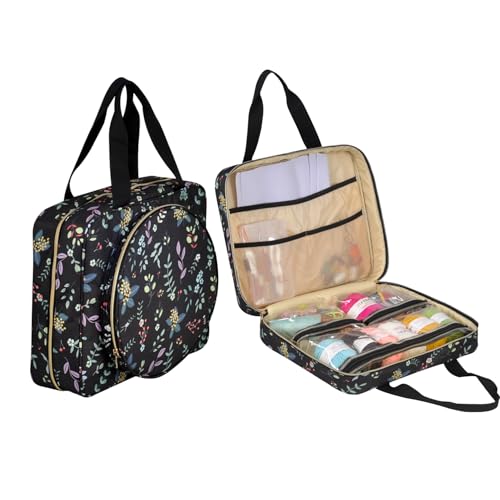 Portable Square Cross Stitch Starter Kits Bag Embroidery Project Bag Embroidery Tool Storage Tote Bag with Multifunctional Pockets, Bag Only (Black Leaves) - color: Black Leaves
