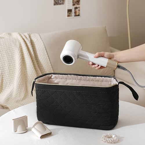 RSRSLEII Large Quilted Hair Tools Travel Bag,Waterproof Hair Styling Accessories Storage Case for Flat Irons,Straightener,Curling Iron,Hair Dryer,Dyson Airwrap Travle Bag (13 Solid Black) - color: 13 Solid Black