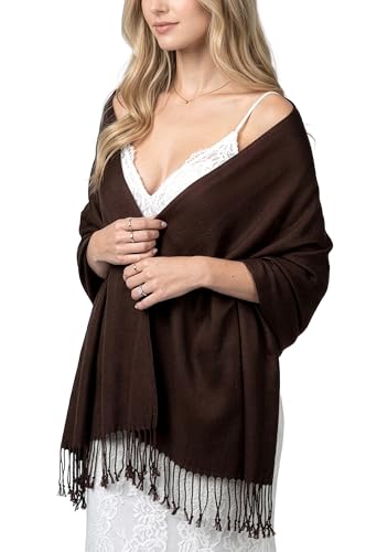 Achillea Lightweight Pashmina Scarf for Women – Soft Silky Shawl Wrap for Evening Dresses, Bridesmaids & Everyday Wear - color: Chocolate Brown