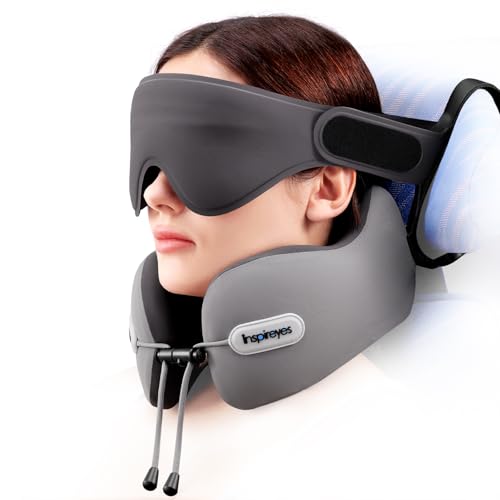 Inspireyes Neck Pillow, Travel Pillow with Seat Strap, 3D Sleep Mask, Dual Support Neck and Head, High Supportive Foam Airplane Pillow for Long Flight Road Trip, Stop Bobblehead Travel Essential, Grey - color: Grey