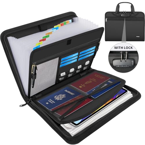 Andyer Fireproof Accordion File Organizer with Lock, Important Document Organizer Holder with Handle, 13 Pockets Expanding File Folder Binder, Portable Document Folder Storage for Business Travel - color: Black