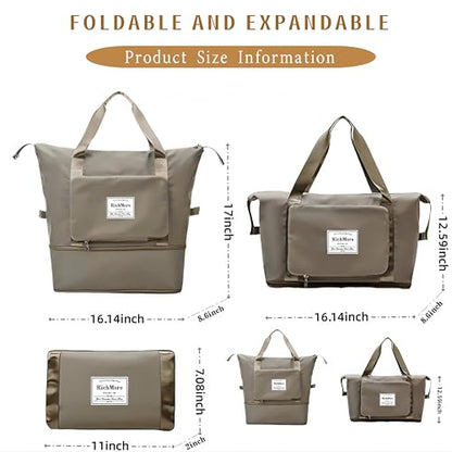 Large Capacity Foldable Travel Bag, Expandable lightweight Carry on Bag, Dry with Wet Separation Spor Duffel Bags (Khaki) - color: Khaki