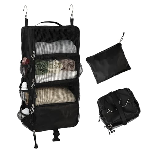 TABITORA Travel Luggage Organizer insert Hanging Packing Cubes for Suitcase Carry on Closet Hanging Shelves Folding(Black,S) - color: Black, size: Small