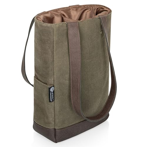 PICNIC TIME 2 and 3 Bottle Insulated Wine Bag, Distressed Waxed Canvas Wine Tote, Durable Bottle Carrier Bag for Gifts and Travel with Side Pockets & Removable Divider (Khaki Green with Brown Accents) - style: 2 Bottle Insulated Wine Bag