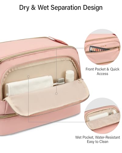 Hanke Travel Toiletry Bag, Lightweight Wide-open Makeup Bag, Dual-Layer Travel Bag for Toiletries Water-Resistant Cosmetic Bags Large Toiletry Bags for Women & Men, Travel Essentials, Pink - color: Pink