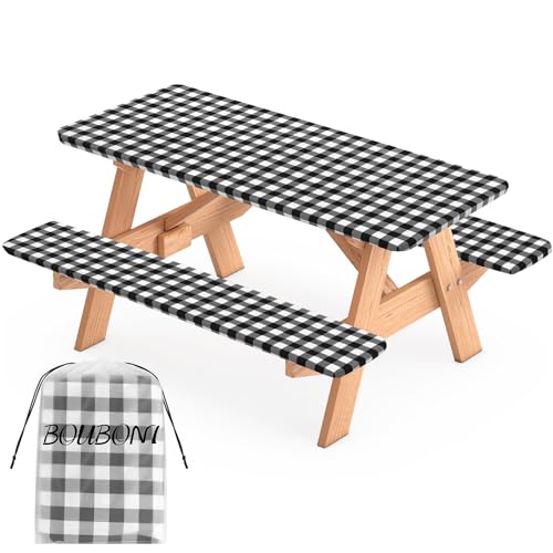 3 Pcs Set Fitted Picnic Table Cover with Bench Covers Vinyl Camping Table Cloth Flannel Backing Picnic Table Cloth for 6ft Tables Camping Outdoor (Black Checked, 30 x 72 Inches) - color: Black and White Plaid
