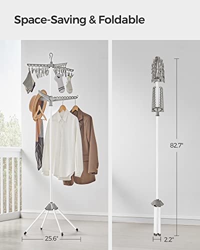 SONGMICS 2-Tier Clothes Drying Rack, 72-Inch Folding Laundry Drying Rack with 3 Rotatable Arms for Hangers, 24 Clips, Stainless Steel, for 27 Pieces of Clothes, Gray and White ULLR512G01 - color: Gray + White, style: 2-Tier-Clip