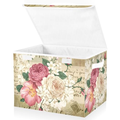 senya Flower Baskets Collapsible Storage Bins with Lids, Vintage Rose Floral Storage Boxes Clothes Baskets for Organizing - color: Flower 5