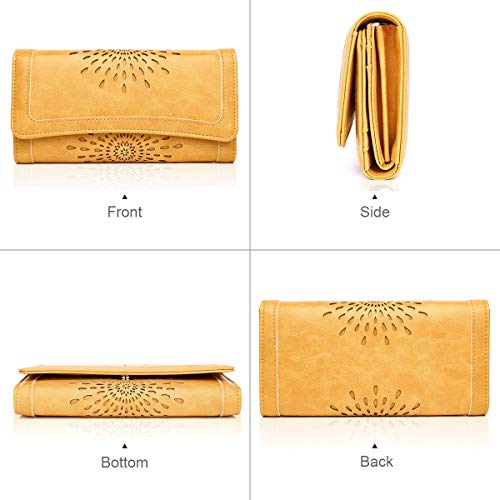 APHISON Womens Wallets RFID Blocking Leather Clutch Long Wallet for Women Card Holder Phone Organizer Ladies Travel Purse Hollow Out Sunflower Design Gift - color: YELLOW