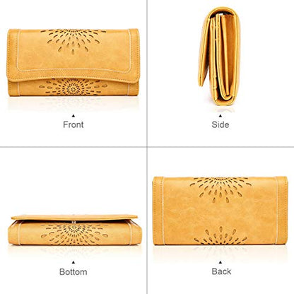 APHISON Womens Wallets RFID Blocking Leather Clutch Long Wallet for Women Card Holder Phone Organizer Ladies Travel Purse Hollow Out Sunflower Design Gift - color: YELLOW