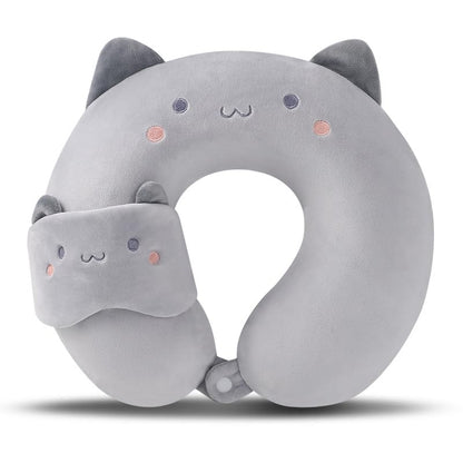 Kids Neck Pillow for Travel with Sleep Eye Mask, Cute Travel Neck Pillow, Memory Foam Flight Sleeping Headrest Pillow for Boys & Girls, Airplane, Train, Car, Home Use - Grey Cat - color: Grey Cat