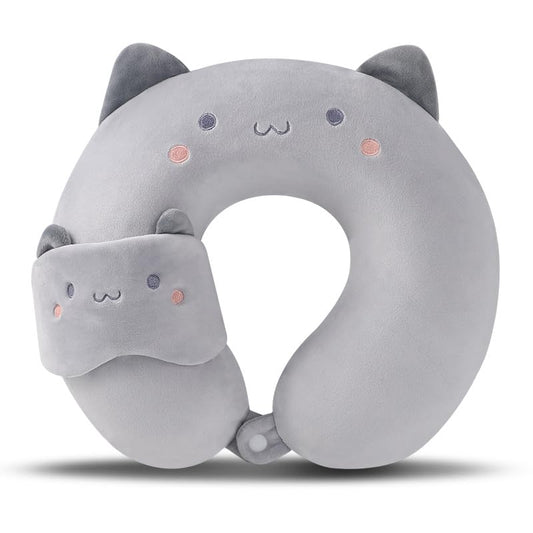 Kids Neck Pillow for Travel with Sleep Eye Mask, Cute Travel Neck Pillow, Memory Foam Flight Sleeping Headrest Pillow for Boys & Girls, Airplane, Train, Car, Home Use - Grey Cat - color: Grey Cat