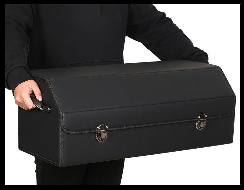 Leather Storage Box Car Trunk Organizer for Trunk SUV Sedan, Leather Foldable Storage Box with Lid (Black 20.9" L*12.2" W*11.8" H) - size: Black 20.9"L*12.2"W*11.8" H