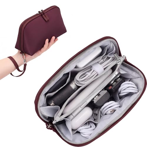 FYY Travel Cable Organizer - 8 Compartments Lightweight Water Resistant Tech Pouch with Wrist Strap, Electronic Accessories Case for Cord Charger Storage for Travel Home Office, Wine Red (Medium) - color: Wine Red, style: M