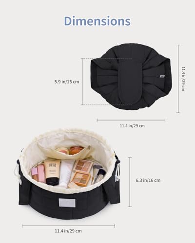 Narwey Lay Flat Open Drawstring Puffer Makeup Bag, Large Quilted Cosmetic Bag for Women Girls, Cute Make up Bags with Handle, Travel Toiletry Bag for Skincare, Brushes & Travel Essentials (Black) - color: B-Quilted Black