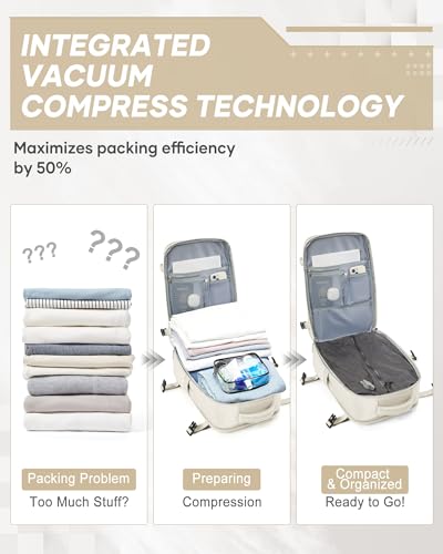 suwasp Vacuum Compression Backpack, 45L Expandable Travel Backpack with Electric Vacpack Pump, Travel Vacuum Bags with Shoe Compartment/17inch Laptop Compartment/USB Port, Beige, Large - color: Beige, size: Large
