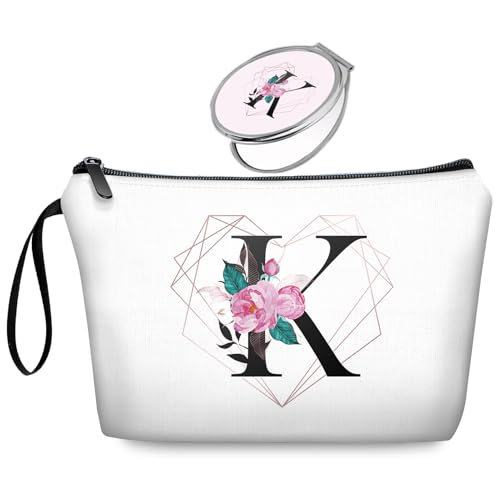 Initial K Bride Gifts for Women – Personalized Letter K Travel Makeup Bag Set with Mirror, Monogram K Cosmetic Pouch for Bridesmaid Maid of Honor Wedding Bridal Shower - color: Diamond-like Ietter K Floral-white-2S