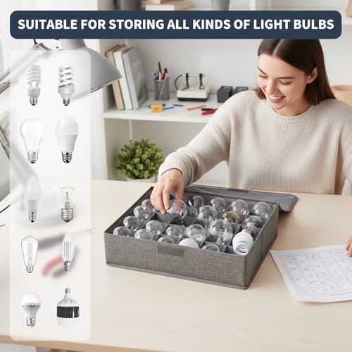 Light Bulb Organizer Storage Box with Lid, Foldable Dustproof Storage Container with 30 Dividers Sturdy PP Board Fits Various Standard Bulbs Fabric Case for Home, Grey, 17 x 11.42 x 5.13 Inches