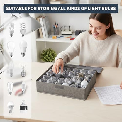 Light Bulb Organizer Storage Box with Lid, Foldable Dustproof Storage Container with 30 Dividers Sturdy PP Board Fits Various Standard Bulbs Fabric Case for Home, Grey, 17 x 11.42 x 5.13 Inches