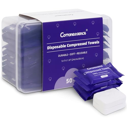 Cottonessence Premium Compressed Towels (50-Pack) - 9.4" x 11.8" Individually Wrapped Coin Tissues, Portable Towels for Travel, Hiking, Gym, Spa, Beauty Salon, Makeup, Baby Care, Outdoor Use - size: 50 Count (Pack of 1)