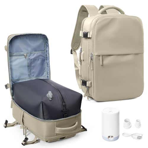 suwasp Vacuum Compression Backpack, 40L Expandable Travel Backpack with Electric Vacpack Pump, Travel Vacuum Bags with Shoe Compartment/15.6inch Laptop Compartment/USB Port, Khaki - color: Khaki, size: Medium