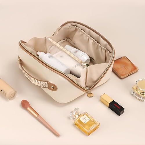 Prite Makeup Bag for Women Travel Waterproof Vegan Leather Cosmetic Bag Open Flat Toiletry Bag With Clear Divider and Handle (Beige, Medium) - color: Beige, size: Medium