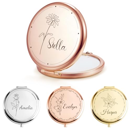 Personalized Compact Mirror – Custom Pocket Mirror with Name, Monogram Travel Purse Mirror for Women, Bridal Shower Favors & Bridesmaid Gifts, Portable Makeup Accessory (Birthday Flowers) - color: Birthday Flowers