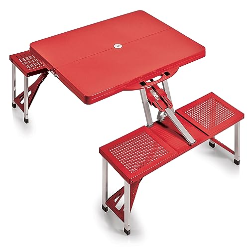Picnic TIME Portable Folding Picnic Table with Seats for 4, Collapsible Aluminum Table with Benches & Umbrella Hole, Lightweight Foldable Table for Camping, Travel, Backyard, Tailgating | with Umbrella Hole - color: Red