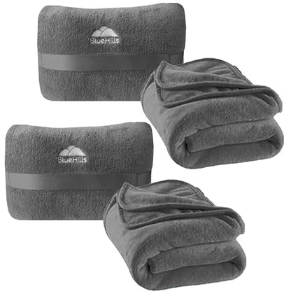 BlueHills Premium 2 Pack Travel Blanket Pillow in Mini Soft Case Plush Airplane Blanket in Bag Compact Luggage Belt Plane Pillows Gifts Long Flight Blankets Essentials Gray M21 - color: Gray-2pk-m21