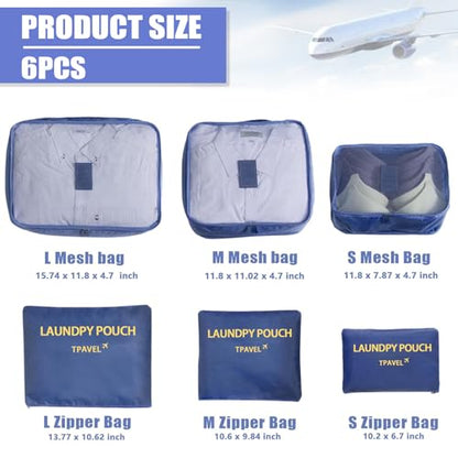 6 Set Packing Cubes for Travel Luggage Packing Bags Reusable Waterproof Suitcase Organizer Bags Set with Shoe Bag and Toiletry Bag (Navy Blue) - color: Navy Blue