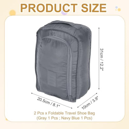 Foldable Travel Shoe Bag, Waterproof Shoe Pouches Organizer with Handle Travel Packing Cubes -Fitting for Storing (Sneakers/Sandals/Fitness Shoes) 2 Pcs & Gray/Navy Blue - color: Gray/Navy Blue