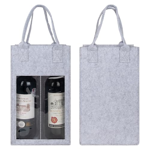 Kingshion Felt 2 Wine Bottle Carrier Bag with Handle, 2 Compartments Wine Bottle Storage Holder, Reusable Travel Carry Bag (Light Grey)