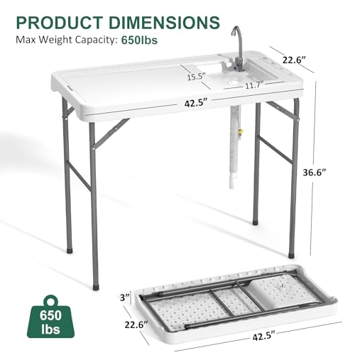 42.5" Fish Cleaning Table with Sink, Folding Camping Table & Fish Cleaning Station with Measure Mark, Camping Sink with Hose Hookup for Outdoor Picnic, Beach, Dock & Patio Use - style: Fish cleaning table