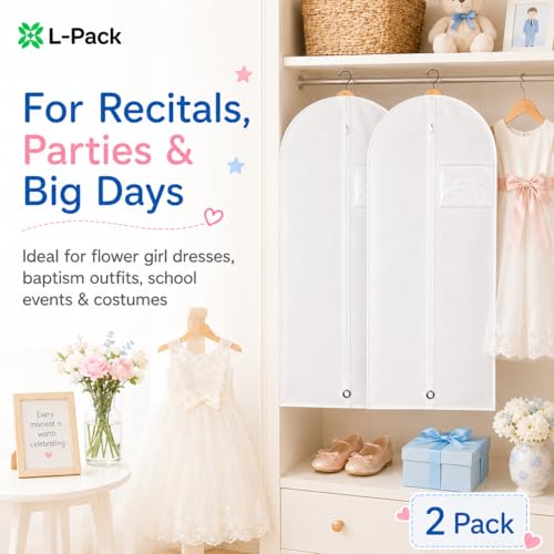 Kids Garment Bag 2 Pack for Hanging Clothes, Travel Garment Bags for Dresses, Dance Costumes & Suits, Breathable Clothes Cover for Baby Toddler Child,White, 30" x 18" - color: White 2 Pack