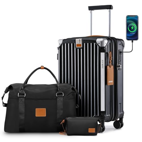 Joyway 20in Carry On Luggage with Cup Holder and USB Port, 25% Expandable Capacity, Smart Suitcase with Anti Slip Wheels and Handbag, Perfect for Men and Women 3 Piece Set Black - color: Black, size: Carry-On 20-Inch Handbag
