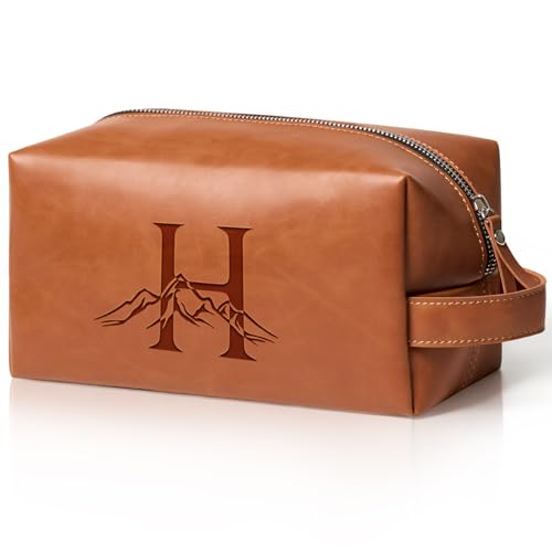 Personalized Gifts Travel Toiletry Bag for Men Engraved Initial PU Leather Waterproof Shaving Bag for Toiletries Accessories Fathers Day Birthday Gift for Men Dad Husband Son, Light Brown H - color: Light Brown, style: H