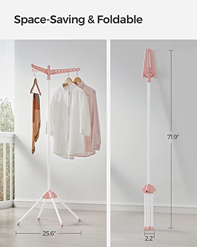 SONGMICS Clothes Drying Rack, 59-Inch Folding Laundry Drying Rack with 3 Rotatable Arms for Hangers, 4 Legs, Stainless Steel, for 27 Pieces of Clothes, Pink and White ULLR510P01 - color: Pink + White, style: 1-Tier