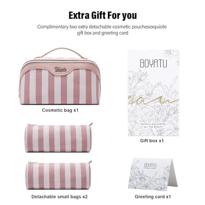 BOYATU Travel Makeup Bag Cosmetic Bag for Women: 3 Pcs Set Striped Make up Bag with Compartments - Waterproof Vegan Leather Toiletry Bags with Handle - Makeup Organizer for Travel Essentials(A-3-Pink) - color: A-3-Pink