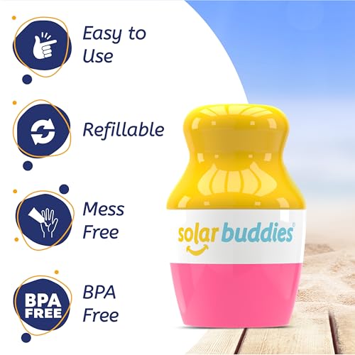 Pink Bag Bundle Solar Buddies Refillable Roll On Sunscreen Suncream Applicator Bag Bundle With Applicator Carabina Clip For Families, Kids, Adults, Travel Set, With A Free Sticker Pack (Pink) - color: Pink