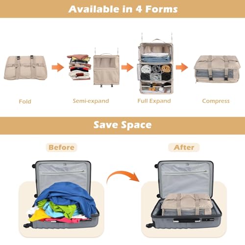 Surblue Hanging Shelves Travel Compression Packing Cube for Carry-on Luggage Suitcase Collapsible Transformable Garment Closet Organizers Large Capacity, Beige, XXL - color: Beige, size: XXL_14.96*11.47*22.83in
