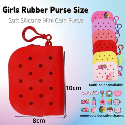 Soft Silicone Mini Coin Purse with Zipper and Cartoon Hole,with 15 pcs DIY Charms. Portable Keychain Pouch Organizer (Red) - color: Red