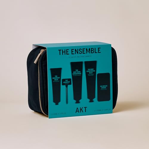 AKT The Ensemble Body Care 6-Piece Gift Set: Deodorant Balm 50ml, Body Wash Concentrate 100ml, Body Conditioning Balm 100ml, Tube Squeezer, Shower Sponge, 04 Halcyon Summers Scent, Travel Essentials