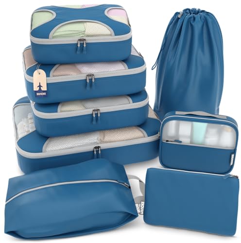 Shacke 8 Set Packing Cubes for Travel – Complete Luggage Organizer Set with Laundry, Shoe, Toiletry & Accessories Bag, Suitcase Travel Organizer (Navy Blue) - color: 8 Set - Navy Blue, size: Set of 8