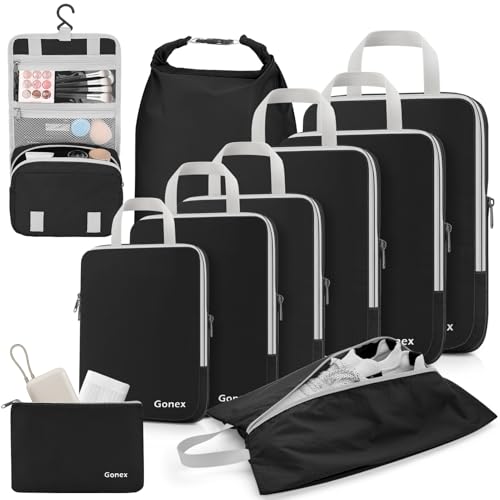 Gonex 10 Set Compression Packing Cubes, Expandable Storage Travel Bags for Suitcase, Luggage Organizers with Hanging Toiletry Bag Laundry Bag Shoe Bag Accessories Bag (Black) - color: 10-Black, size: 10 Set