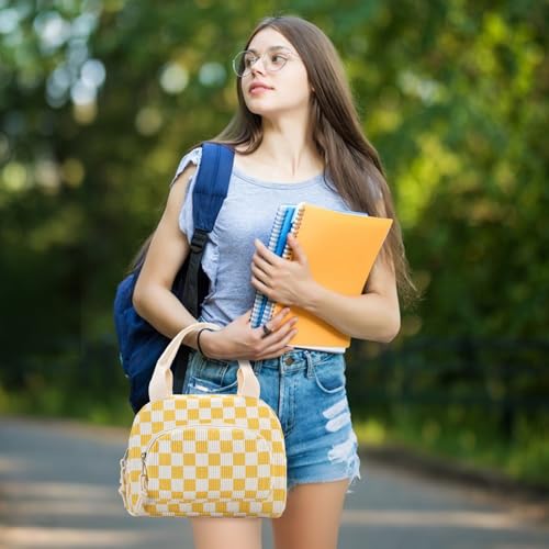Lunch Bag Women Lunch Box for Women Adult Cute Insulated Lunch Bag Small Cooler Lunch Tote Bags for Work Picnic Travel (Beige-Yellow Plaid) - color: Beige-Yellow Plaid